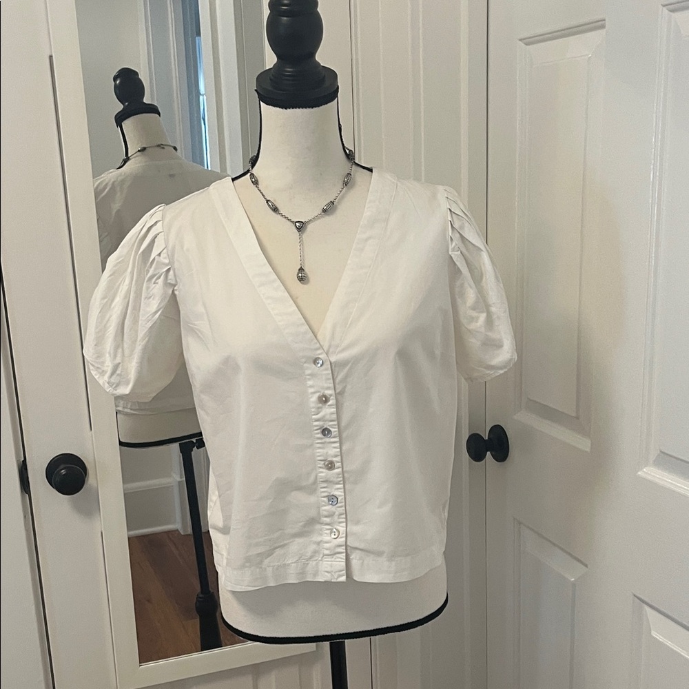 Lulus White Short Puff Sleeve Boxy Cropped Shirt Button Front Classic EUC Size M